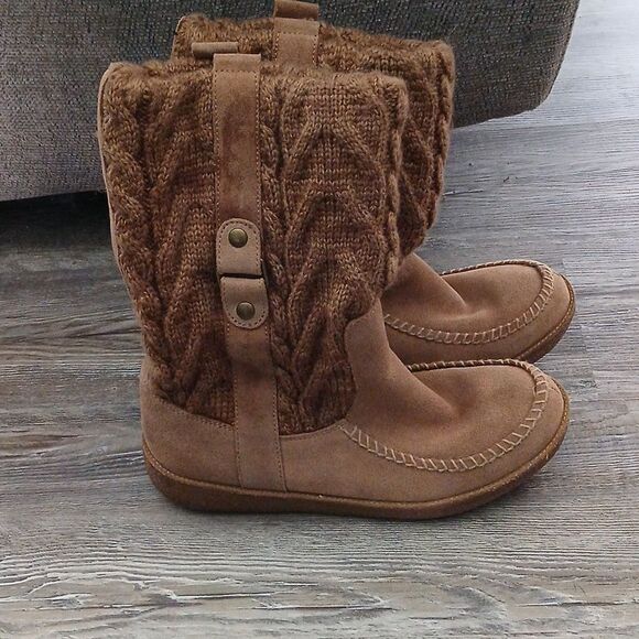American Eagle Twist Knit midcalf pull on boots  brown suede  Sz 9 - Picture 4 of 9